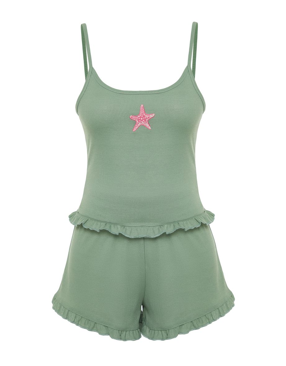 Green Star Embroidered Ruffled Corded Knitted Pajama Set