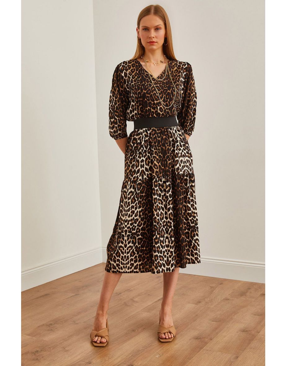 Women's Leopard Black V-neck Elastic Waist Midi Woven Viscose Dress ELB-19002222