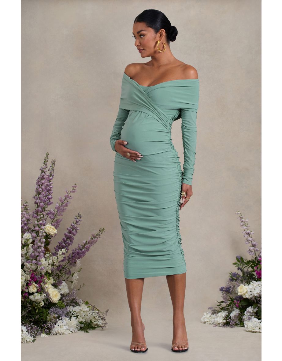 Davina | Sage Ruched Twist Bardot Long-Sleeve Maternity Midi Dress - 4