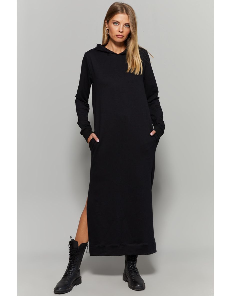 Women's Black Slit Hooded Maxi Dress