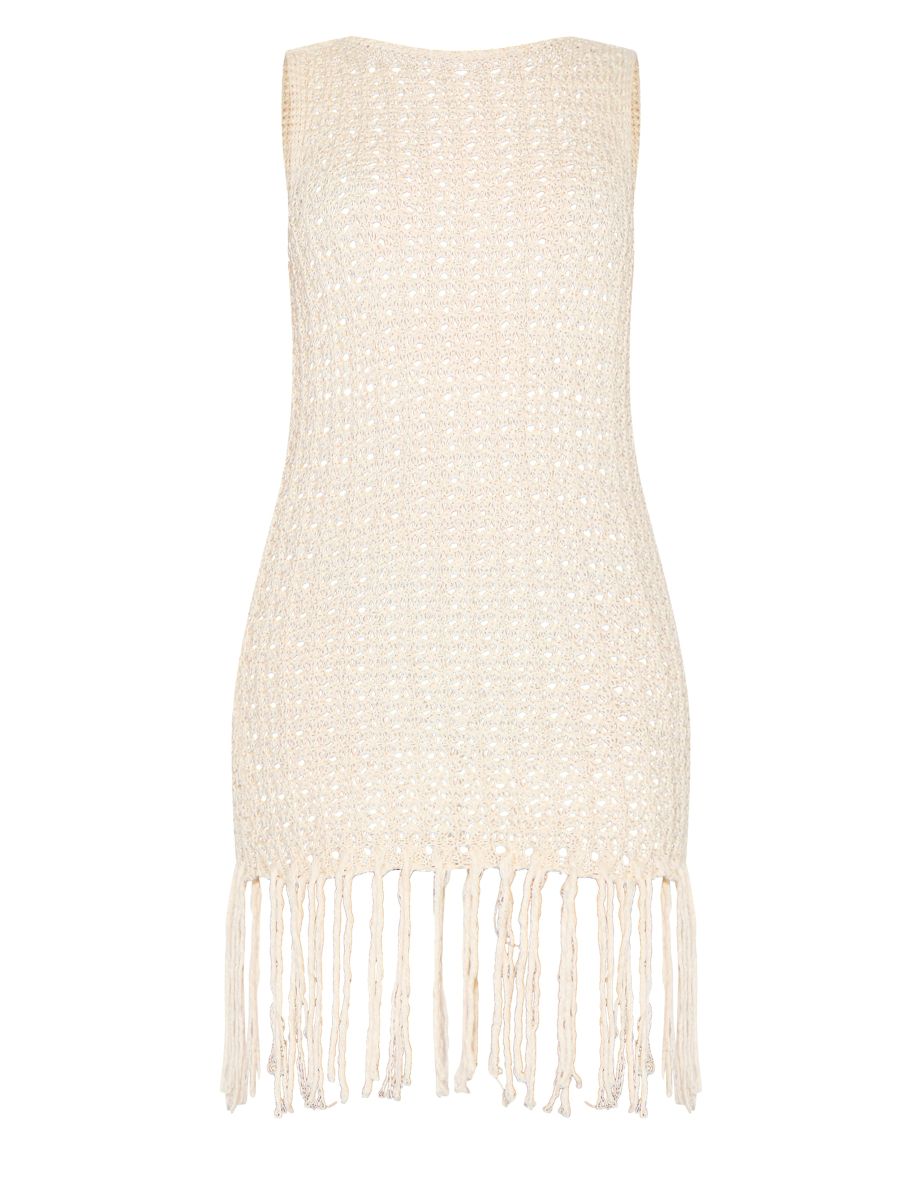 Petite Cream Crochet Boat Neck Tassle Mini Dress - 4