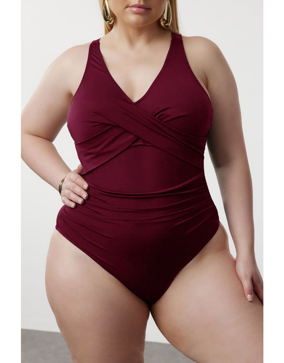 Burgundy Waist Cut Out Mesh/Tulle Detail Plus Size Swimsuit - 3