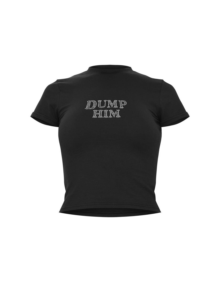 Black Dump Him Diamante Long Fitted T Shirt - 4