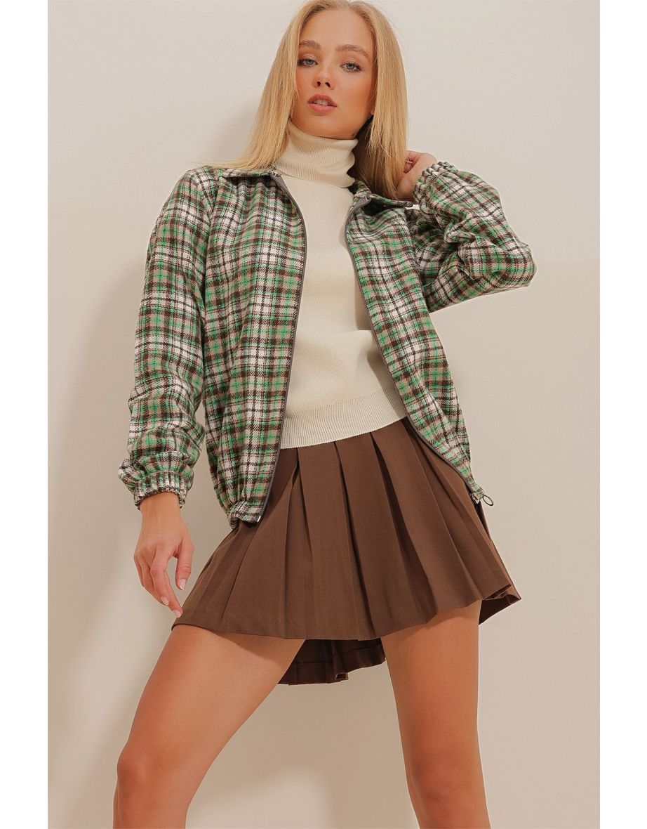 Women's Brown-Green Patterned Zippered Seasonal Bomber Jacket with Elastic Waist
