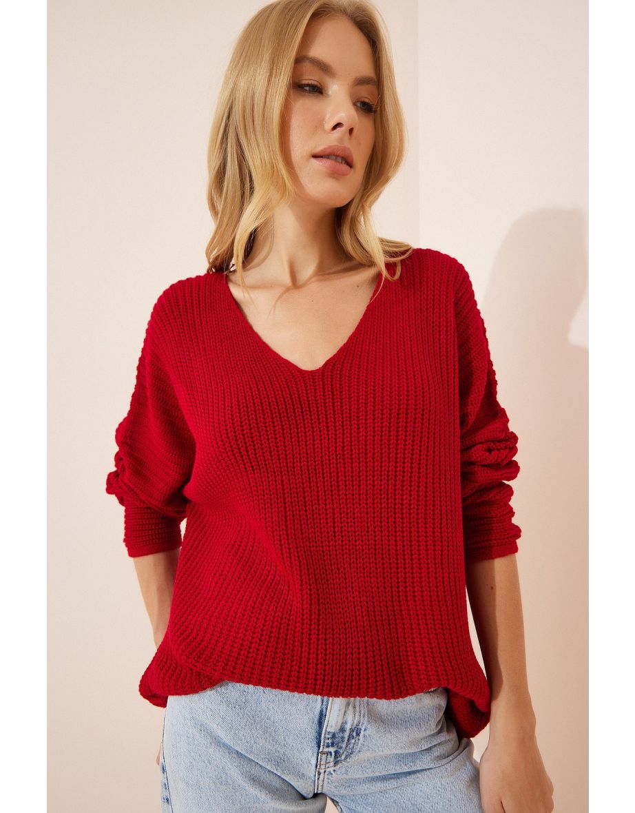 Women's Red V-Neck Thessaloniki Knit Oversize Knitwear Sweater