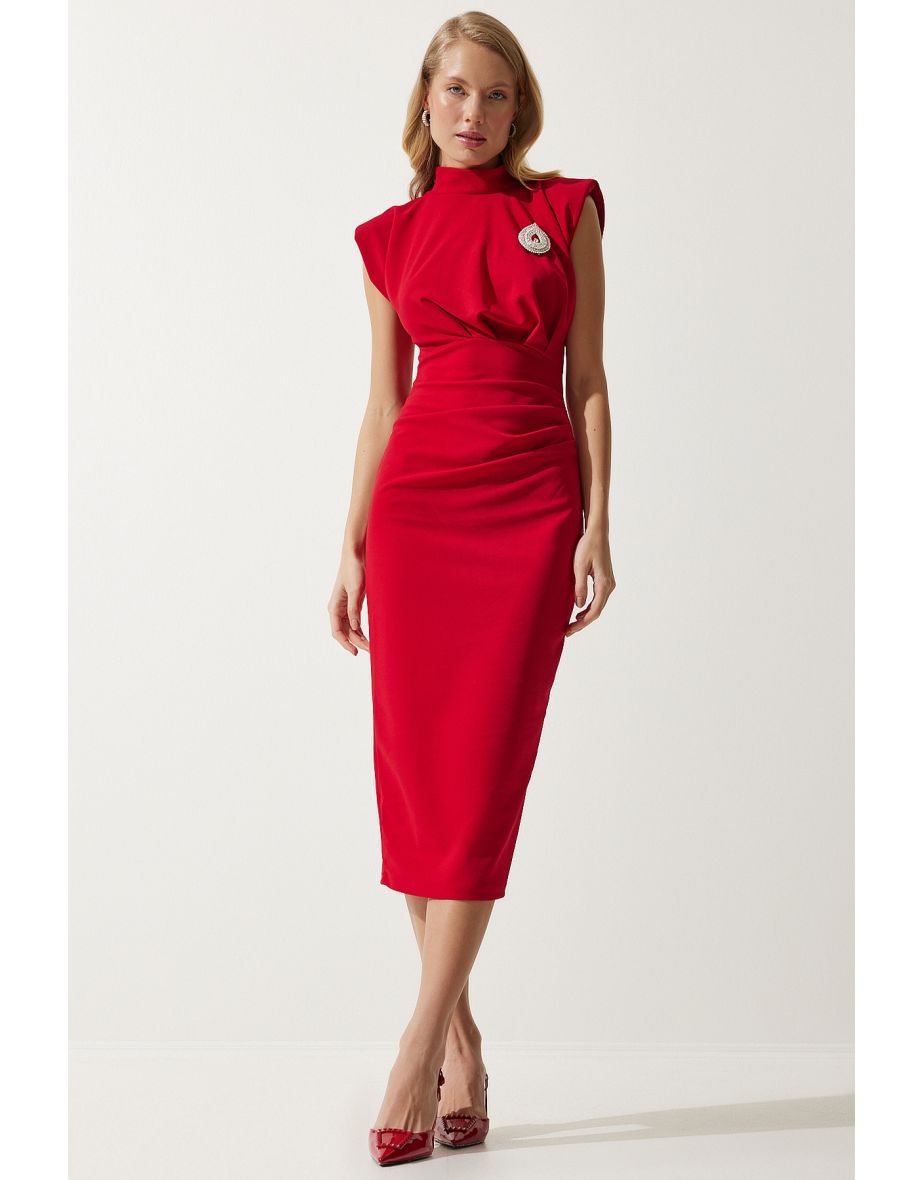 Women's Red Elegant Brooch Gathered Wrap Knitted Dress