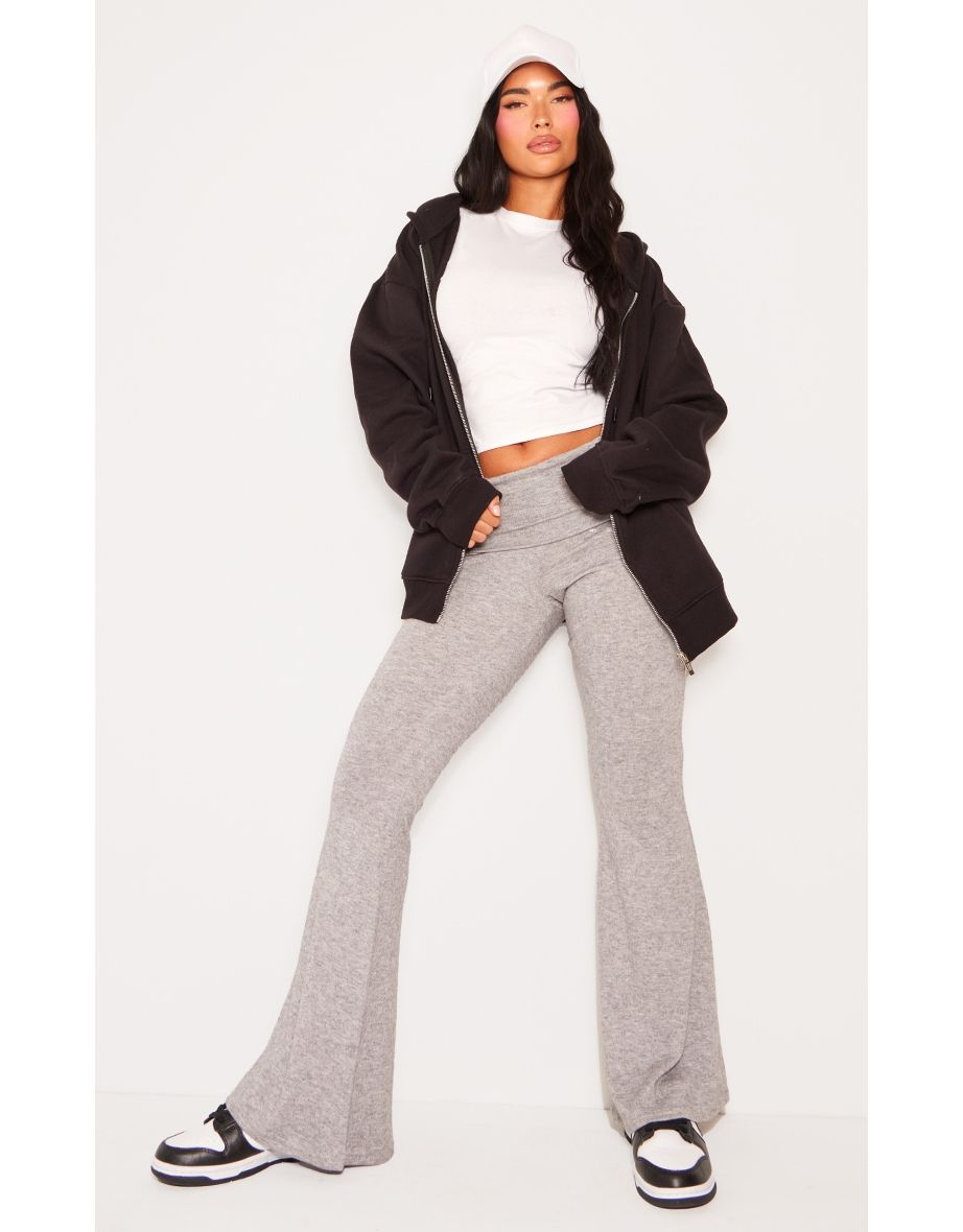 Petite Grey Marl Fold Over Flared Trousers