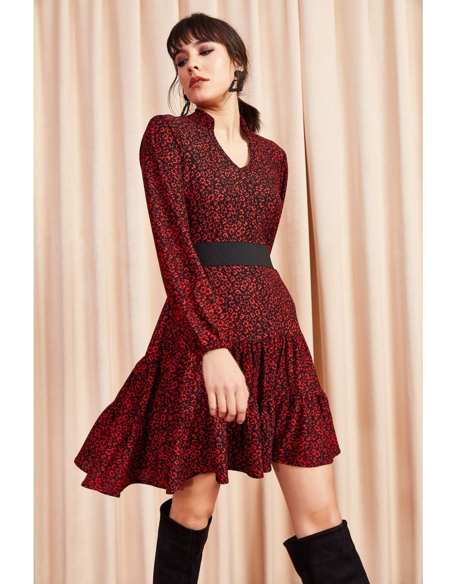 Women's Red V-Neck Ruffle Dress - 3