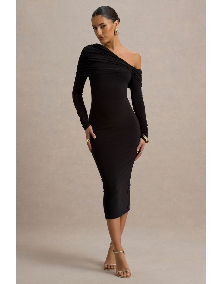 Cleo | Black Bodycon Midi Dress With Mesh Sleeves