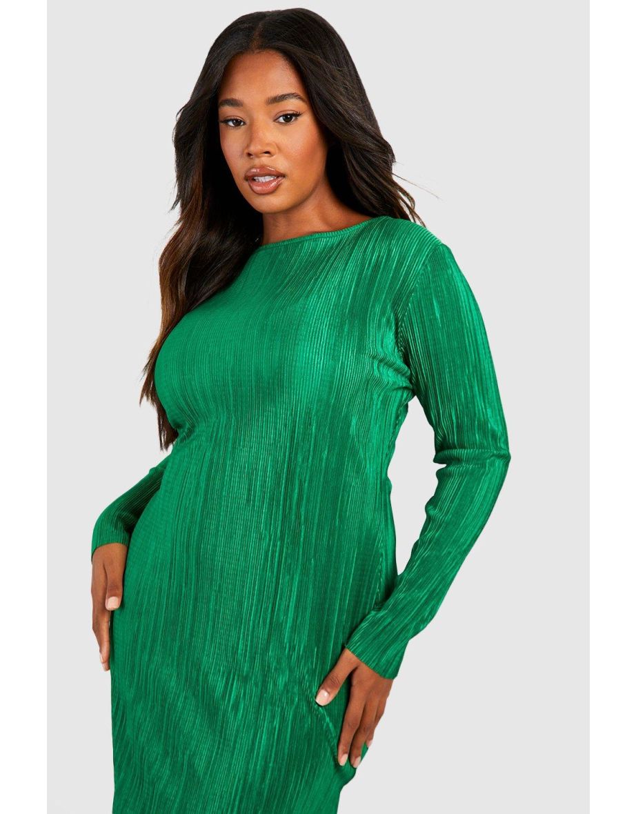 Plus Plisse Split Long Sleeve Midi Dress - green - 3