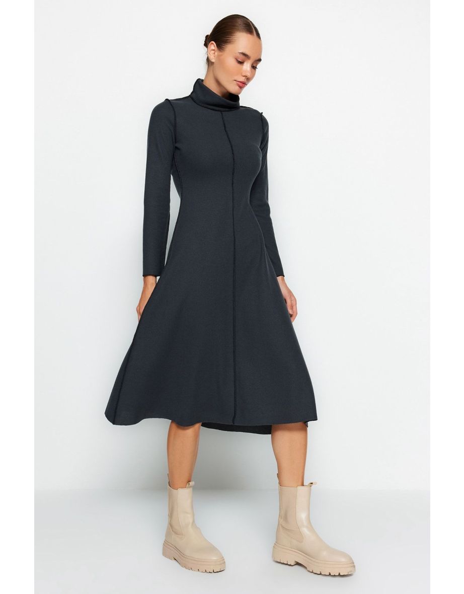 Grey A-Line Midi Skater Dress with Long Sleeve