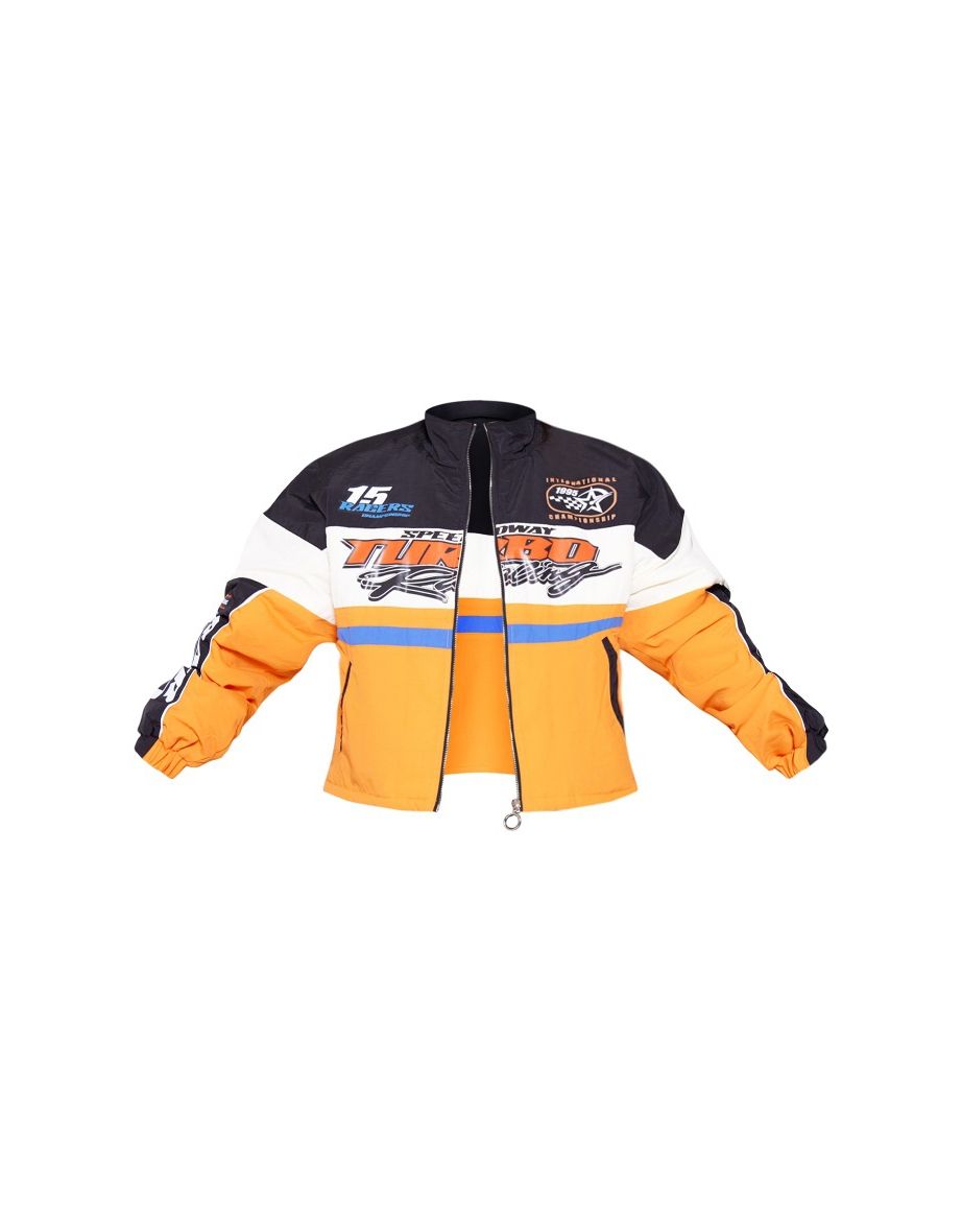 Orange Nylon Oversized Contrast Sleeve Racer Graphic Bomber Jacket - 4