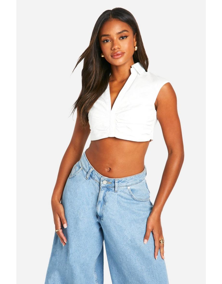 Extreme Crop Sleeveless Ruched Shirt - white