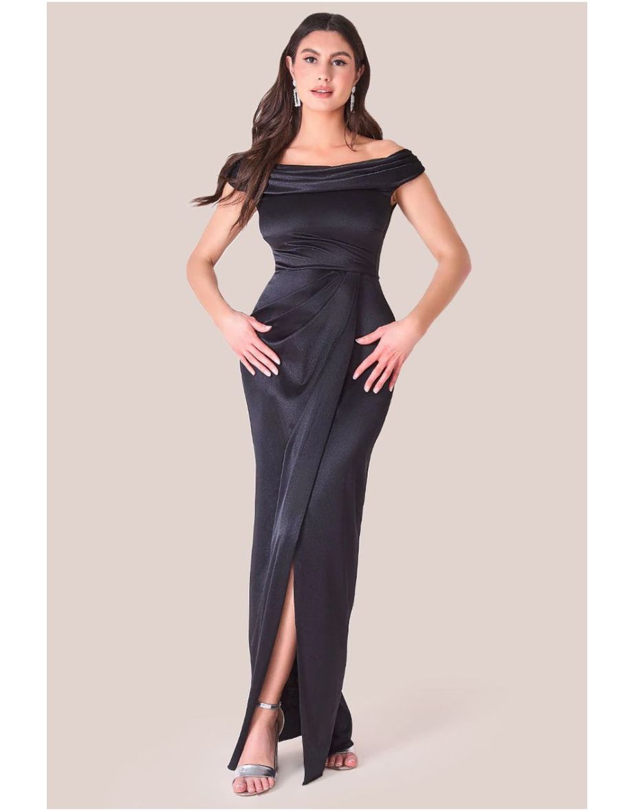 Goddiva Cowl Bardot Satin Twill Maxi Dress - Black