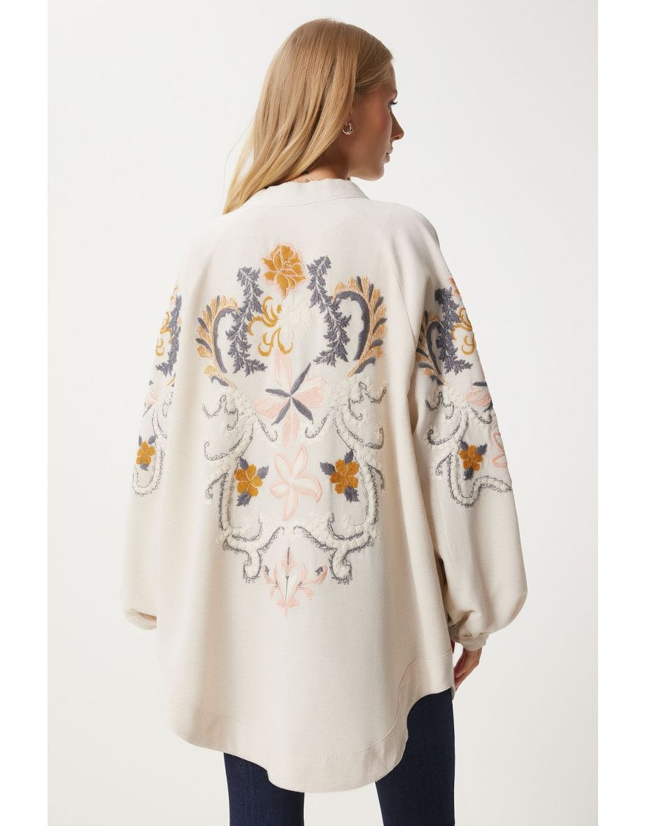 Women's Cream Orange Embroidered Linen Kimono - 5