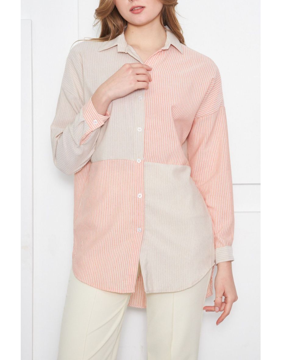 Women's Orange Striped Two Color Long Sleeve Loose Shirt