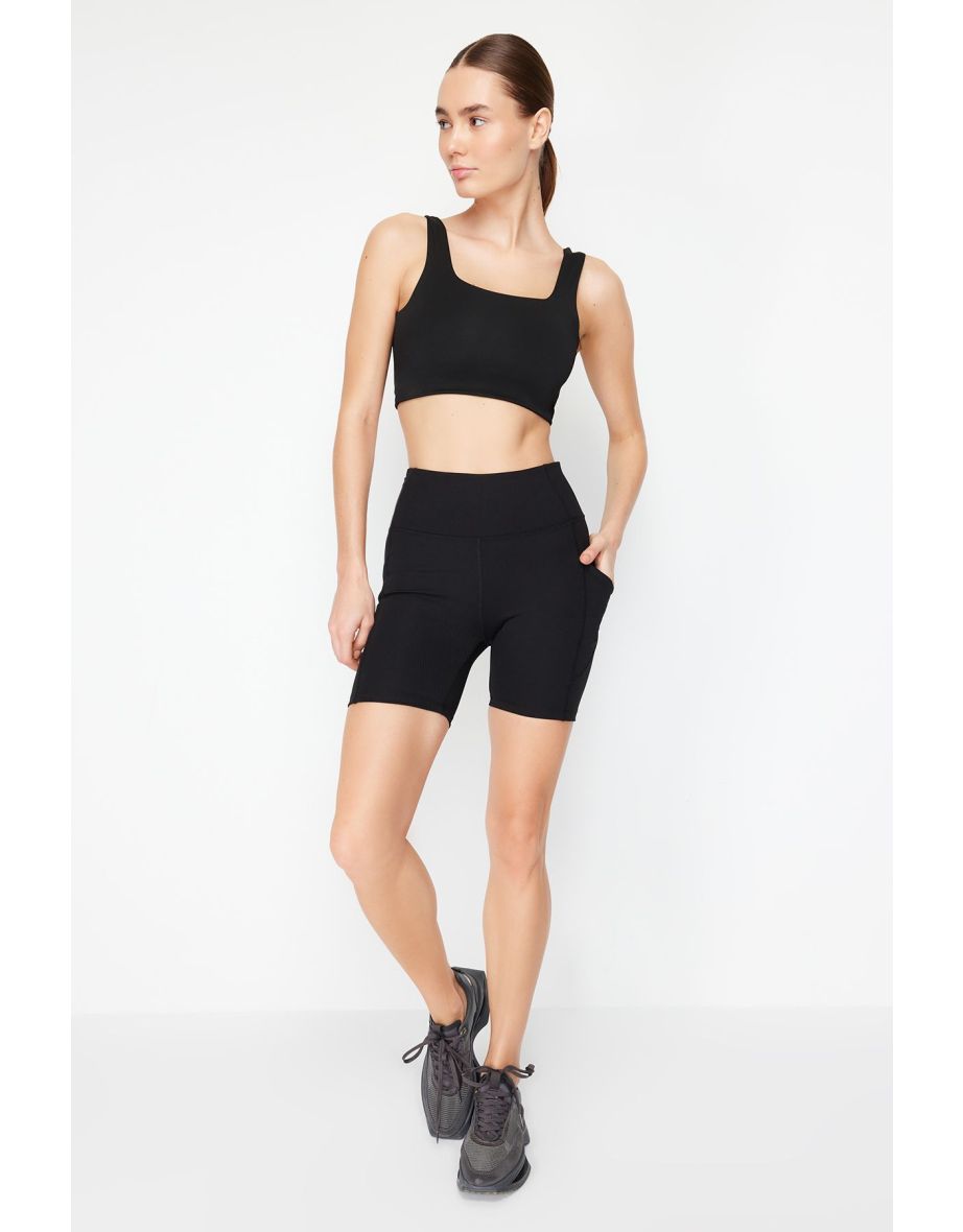 Black Ribbed Compression Tulle Pocket Detail Sports Shorts Tights