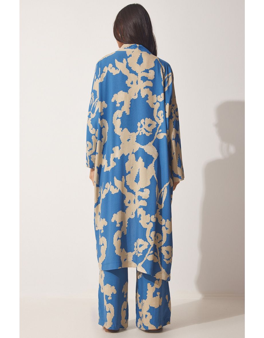 Women's Blue Beige Patterned Viscose Kimono Palazzo Pants Suit - 4