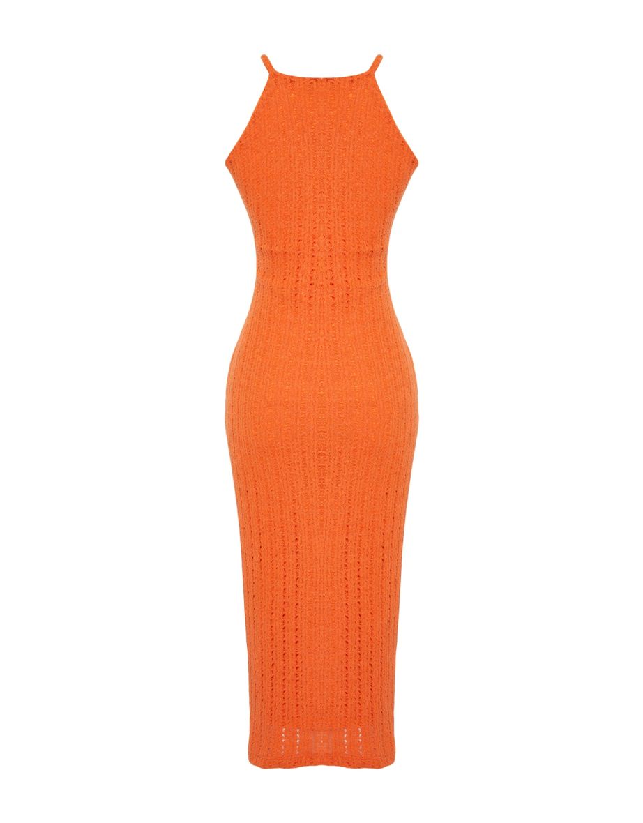 Orange Knitwear Look Halter Neck Knitted  Dress - 7