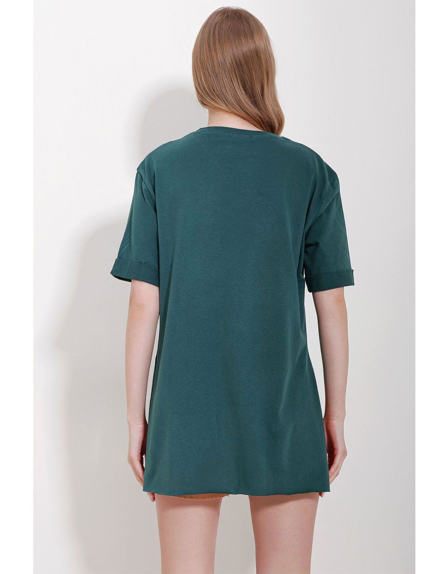 Women's Green Crew Neck Single Pocket Embroidered Double Sleeve Laser Cut Oversize T-Shirt - 4