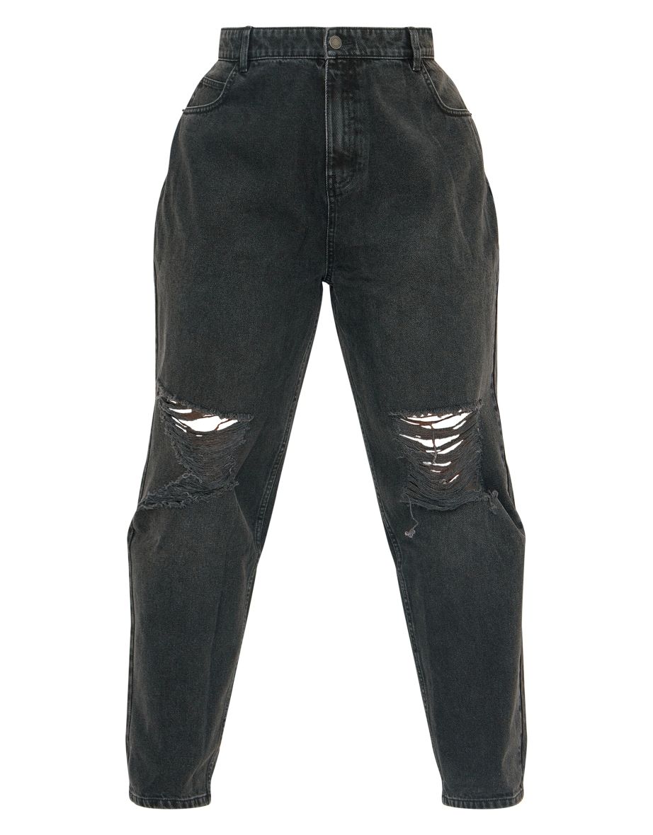 PRETTYLITTLETHING Plus Washed Black Ripped Knee Mom Jeans - 4