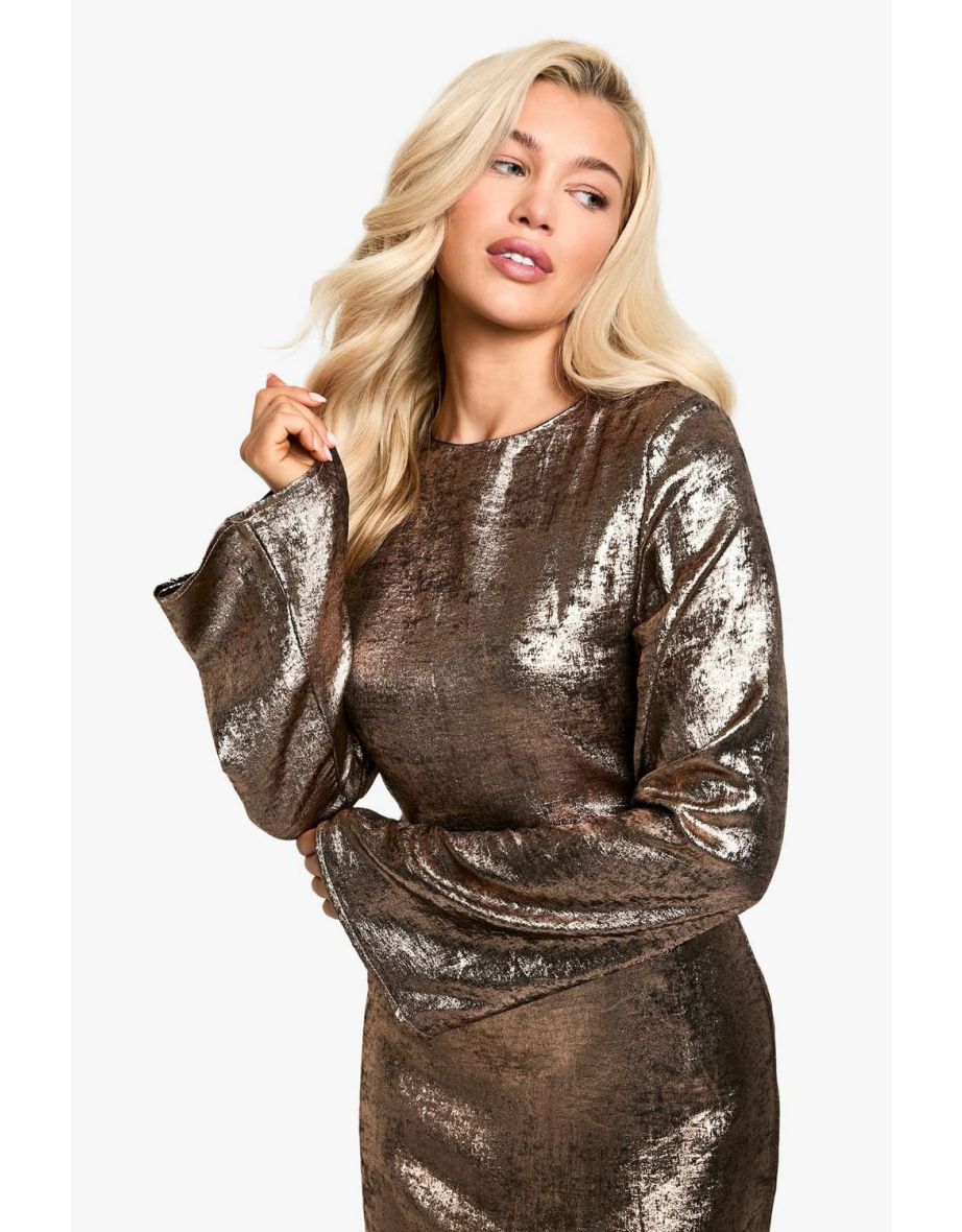 Metallic Shoulder Pad Side Split Midaxi Dress - bronze - 3