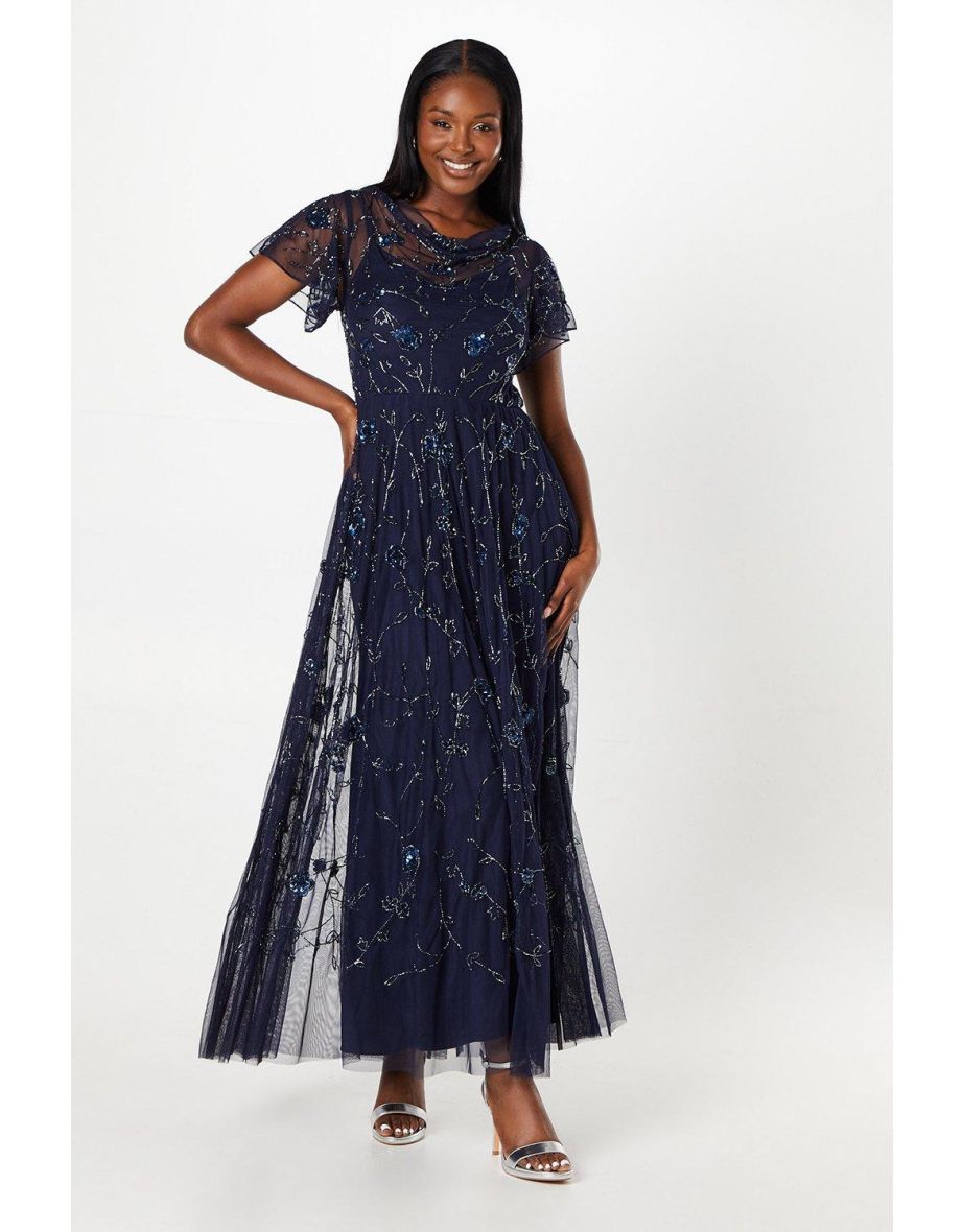 Hand Embellished Flutter Sleeve Boat Neck Midi Dress