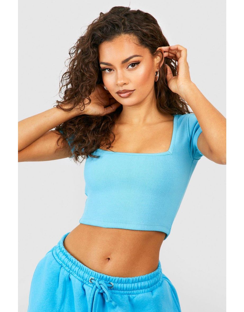 Square Neck Short Sleeve Crop Top - turquoise