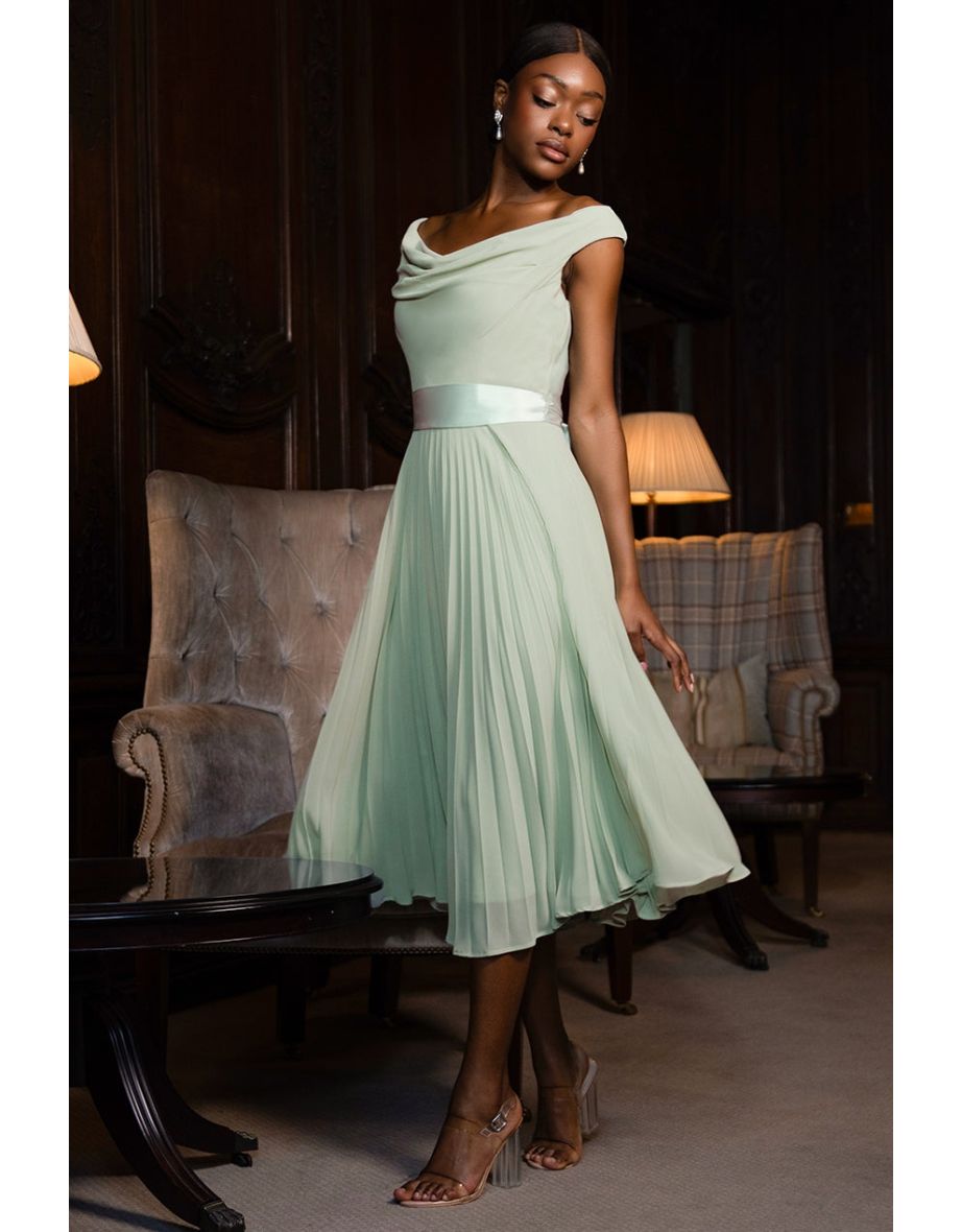 Goddiva Cowl Neck Pleated A-Line Chiffon Midi Dress