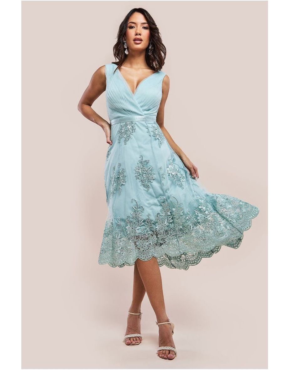 Goddiva Green Pleated A-Line Midaxi Skater Dress
