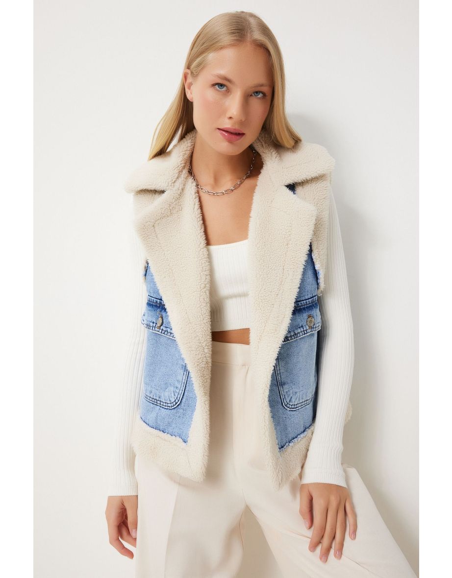 Women's Blue Cream Faux Fur Denim Vest