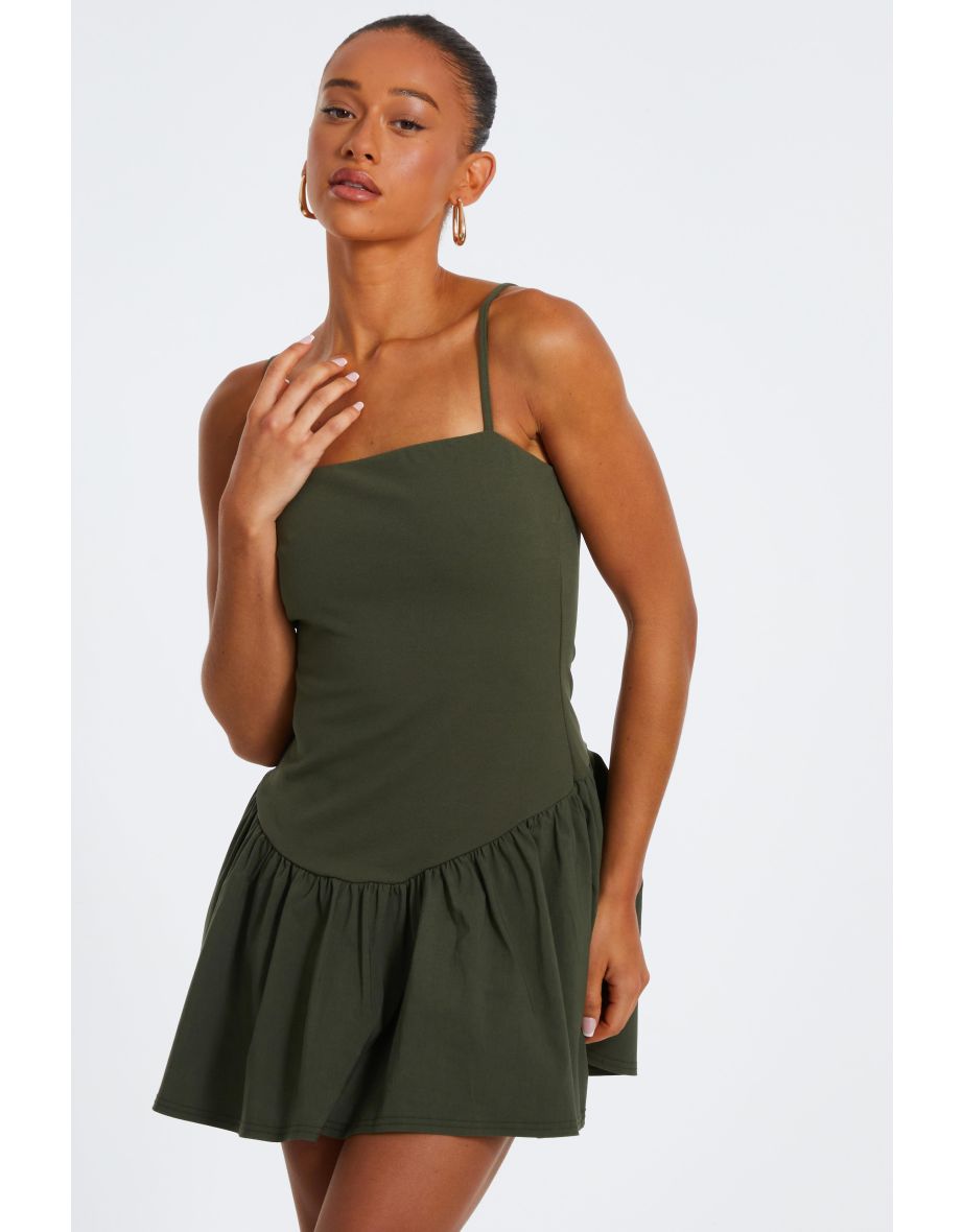 Khaki Strappy Puff Ball Skater Dress