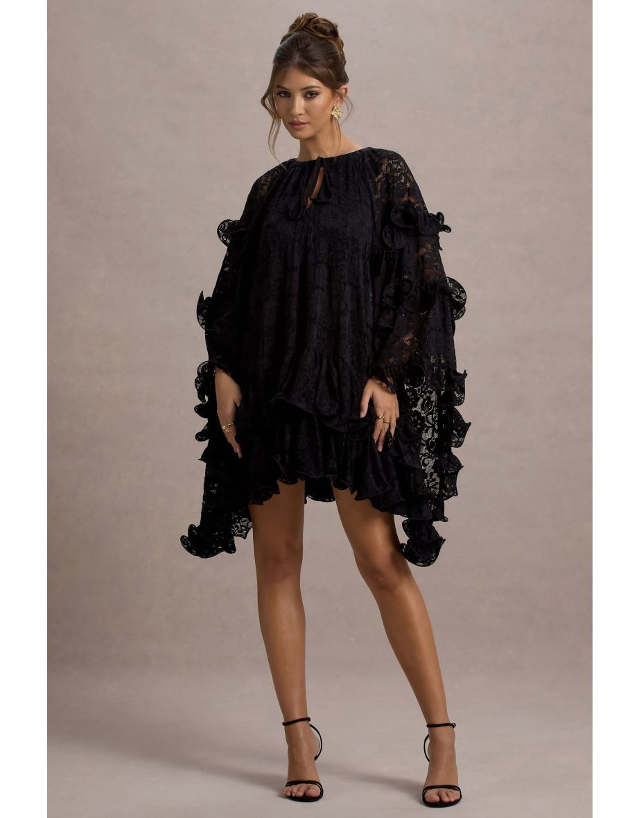 Arlington | Black Lace Cape-Sleeve Mini Dress
