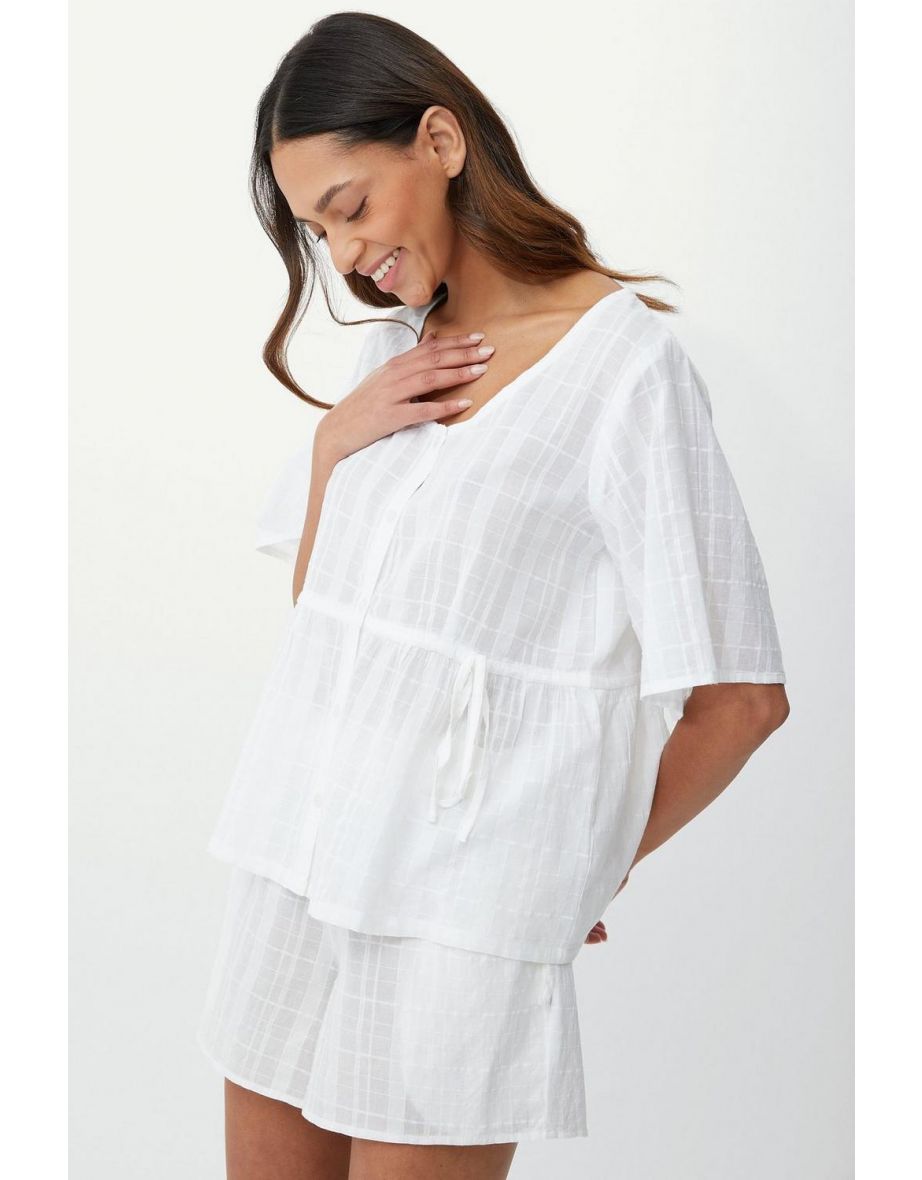 Textured Cotton Check  Top With Ties - white