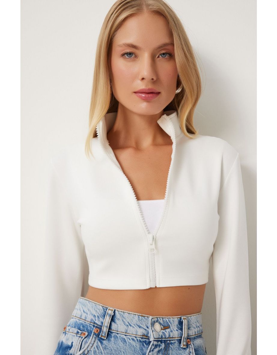 Women's Ecru Zipper Crop Scuba Jacket
