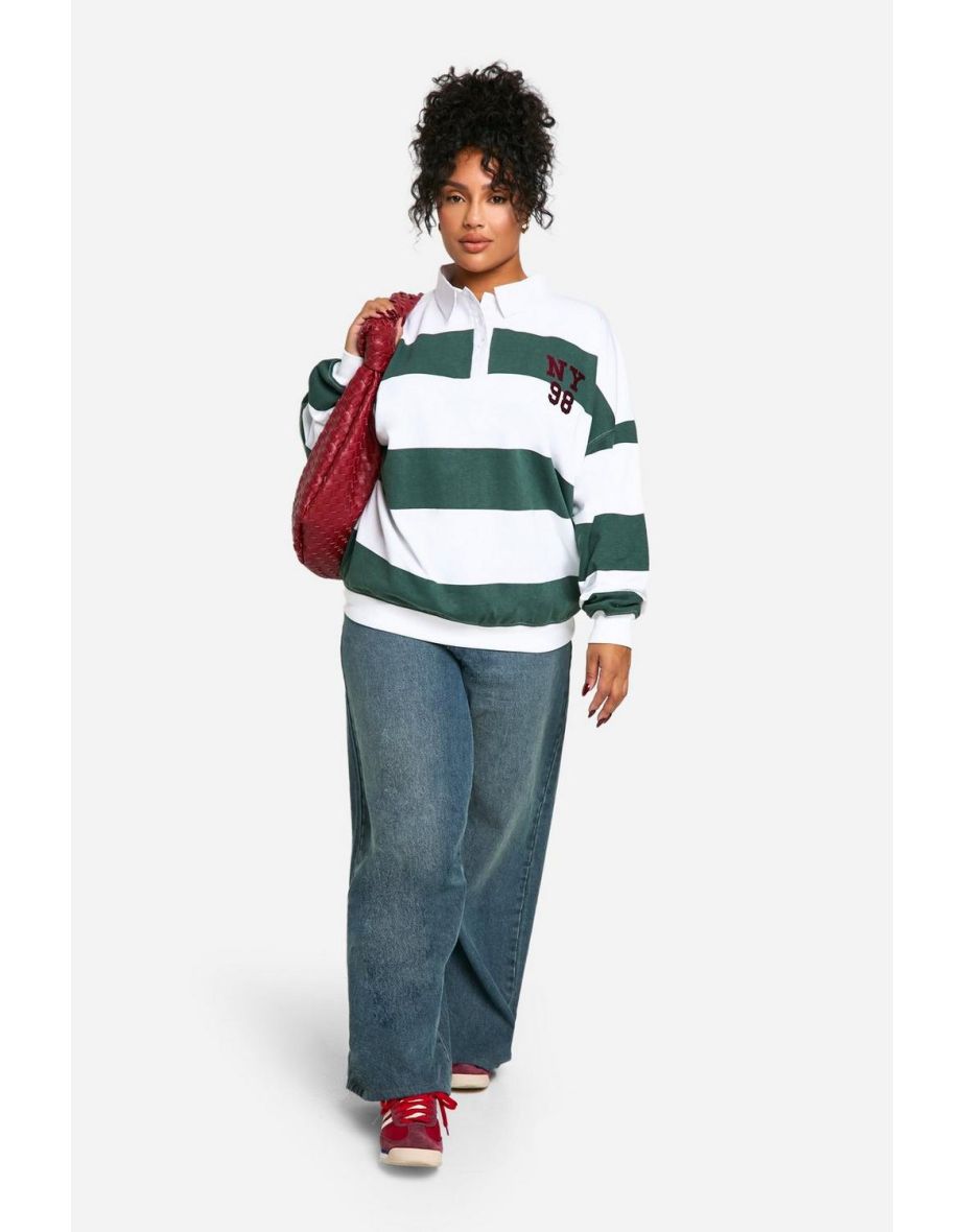 Plus NY STRIPE COLLARED RUGBY SHIRT - forest