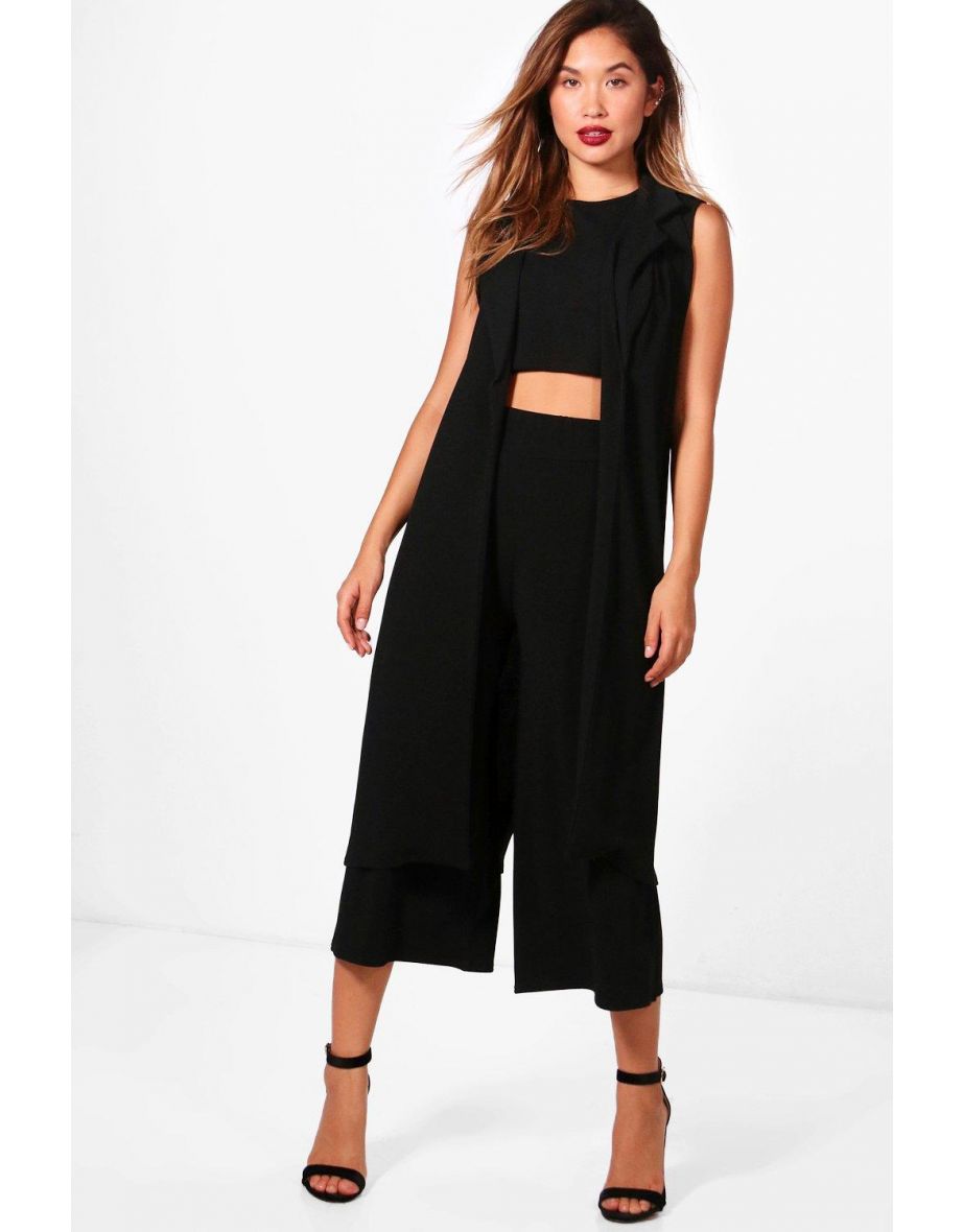 3 Piece Crop Culotte & Duster Co-Ord Set - black