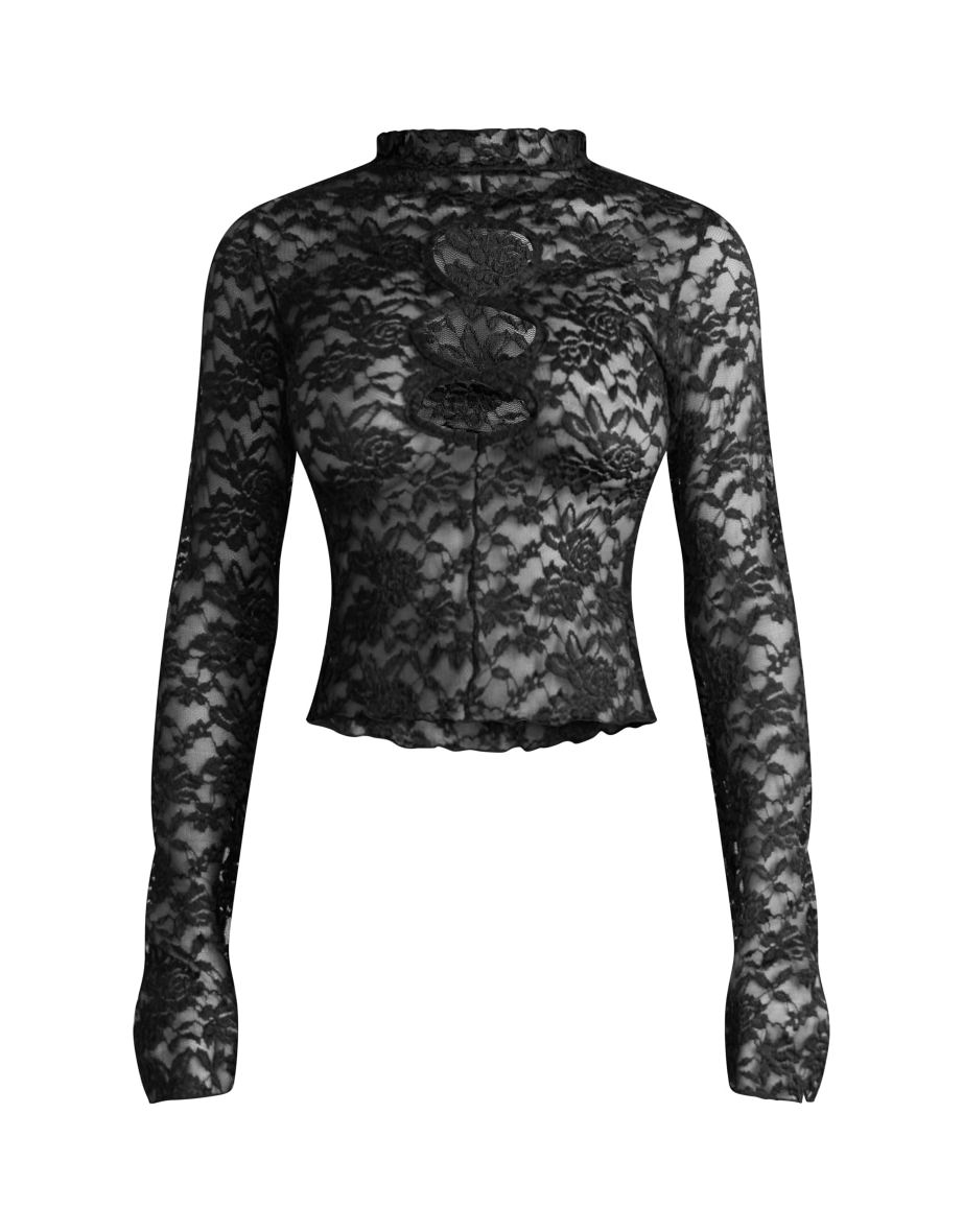 Prettylittlething Black Lace Cut-Out Cropped Top with Floral Long Sleeves - 4