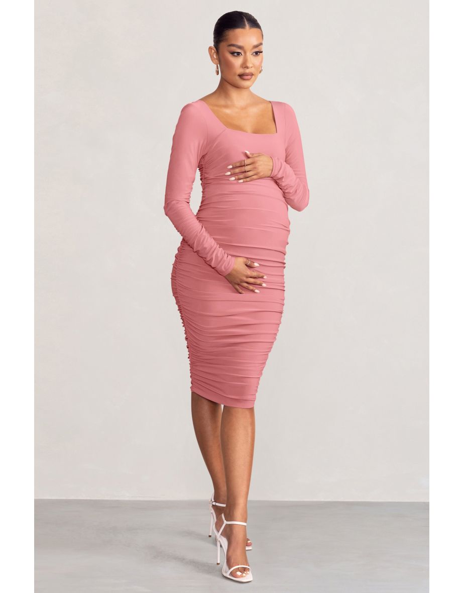 New Life | Pink Maternity Square Neck Ruched Midi Dress