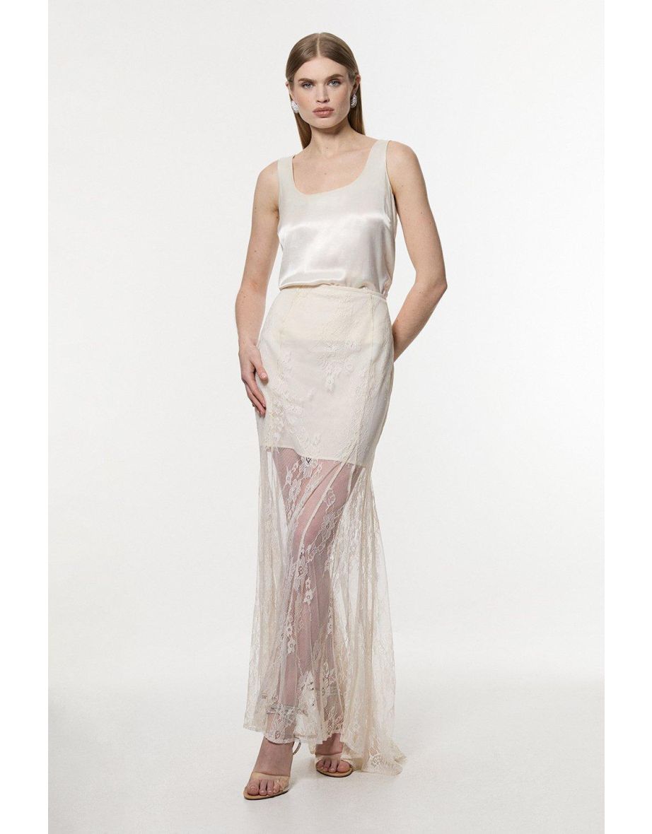 Sheer Lace Godet Woven Midi Skirt
