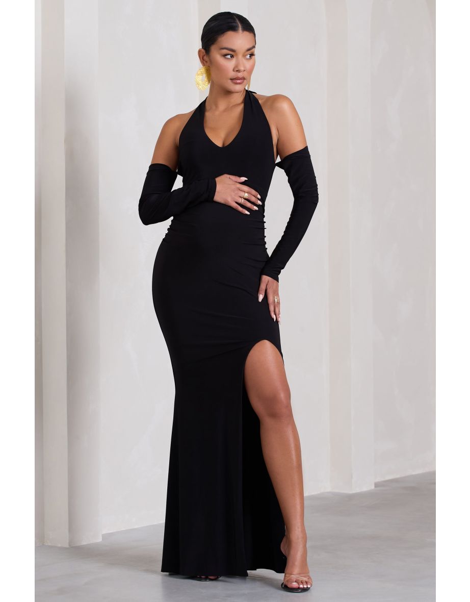 Solana | Black Halter-Neck Long-Sleeve Split Maternity Maxi Dress