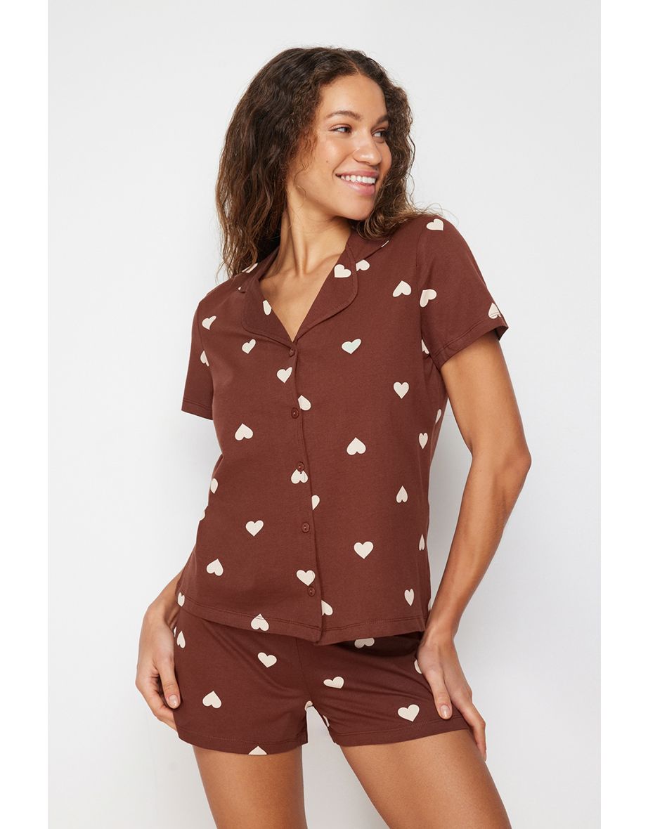 Brown 100% Cotton Heart Patterned Shirt-Shorts Knitted Pajama Set