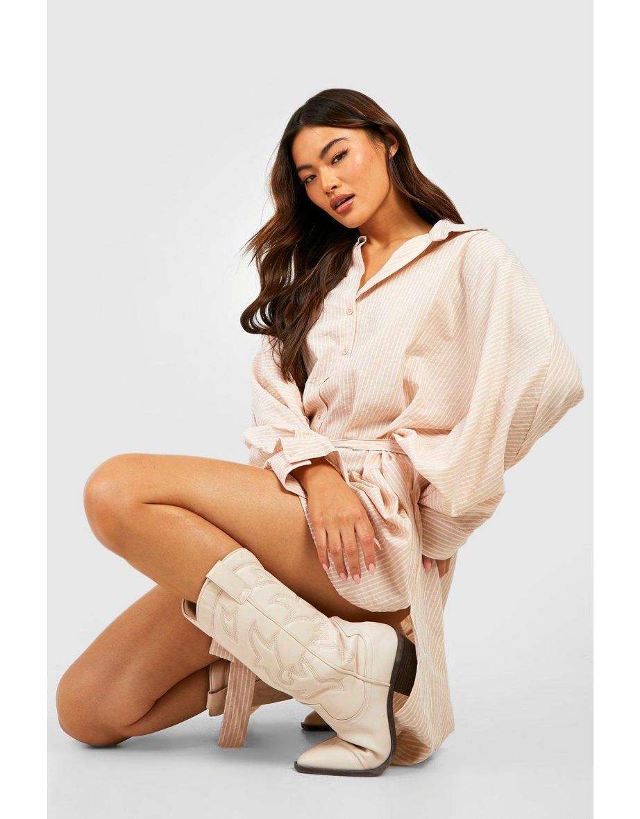 Cotton Stripe Dip Hem Shirt Dress - stone - 3