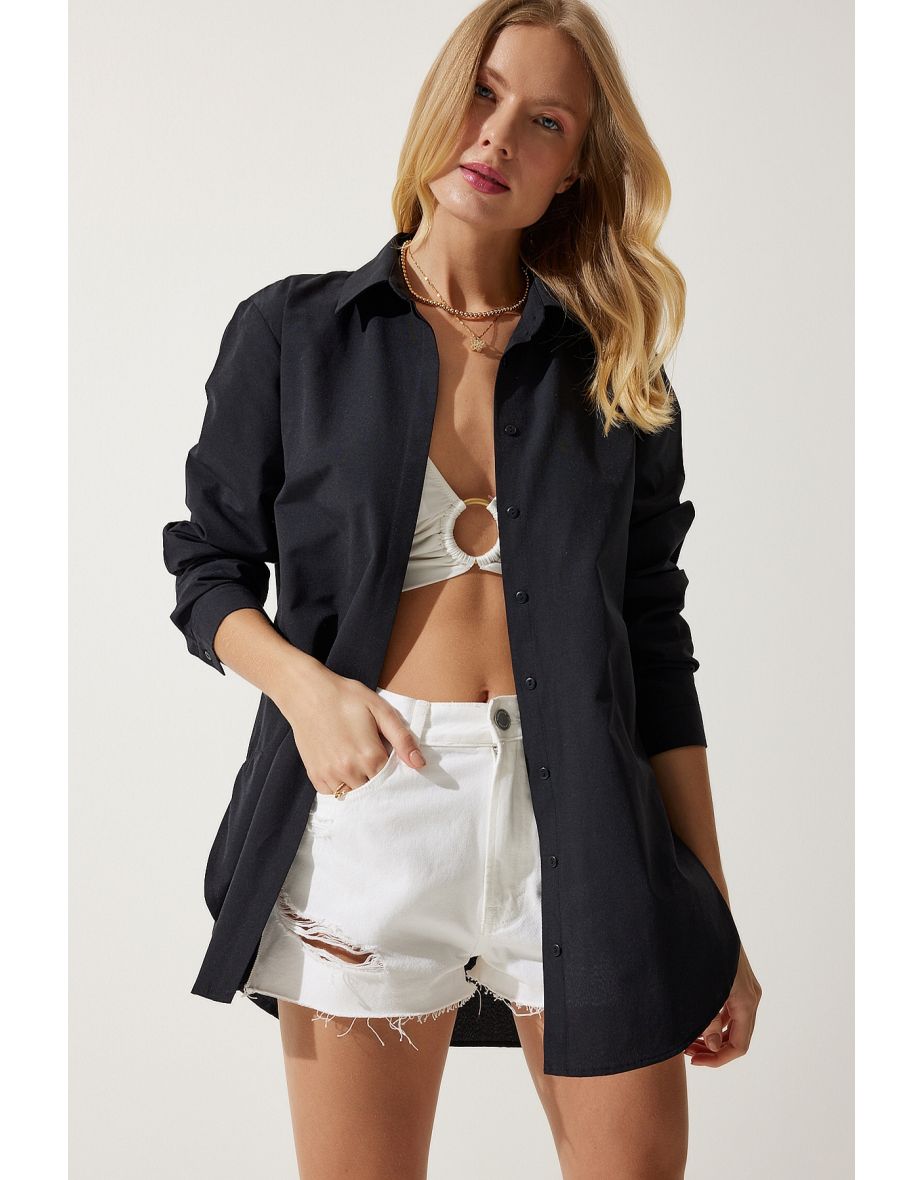 Women's Black Slit Poplin Boyfriend Shirt
