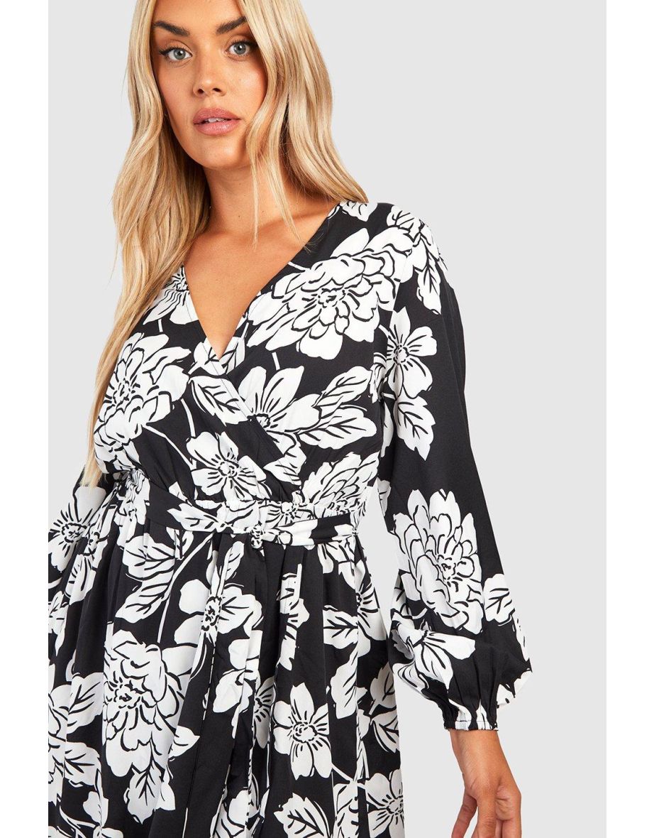 Plus Satin Floral Wrap Dress - black - 3