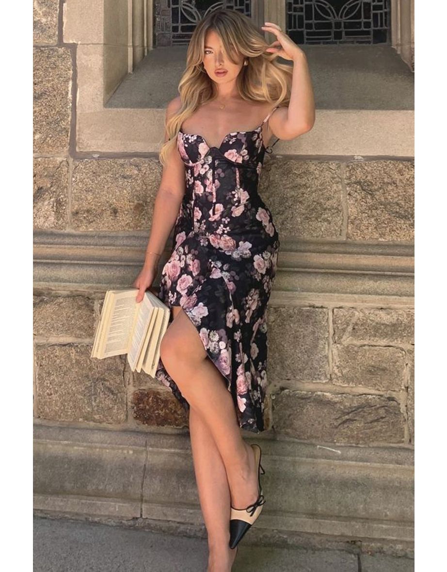 Rosebud | Black Floral Corset Ruffled Midi Dress - 7