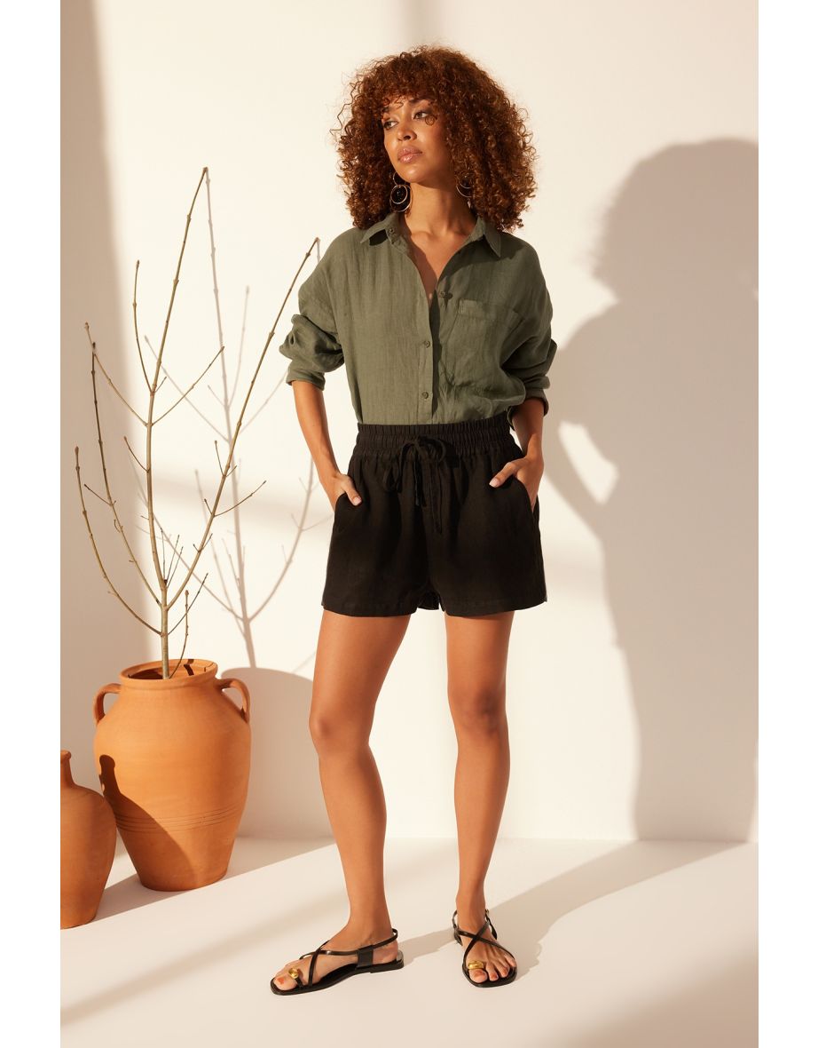 Black 100% Linen Elastic Waist High Waist Shorts