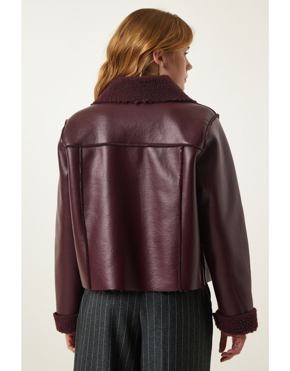 Women's Damson Fur Collar Wide Pocket Faux Leather Jacket - 7