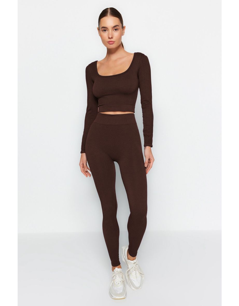 Dark Brown Seamless Full Length Knitted Sports Tights