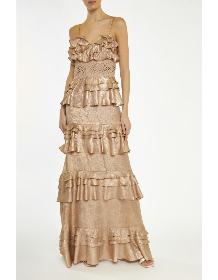 Sophia Dark-Metallic Copper Plunge Front Tiered Ruffle Maxi-Dress - 2